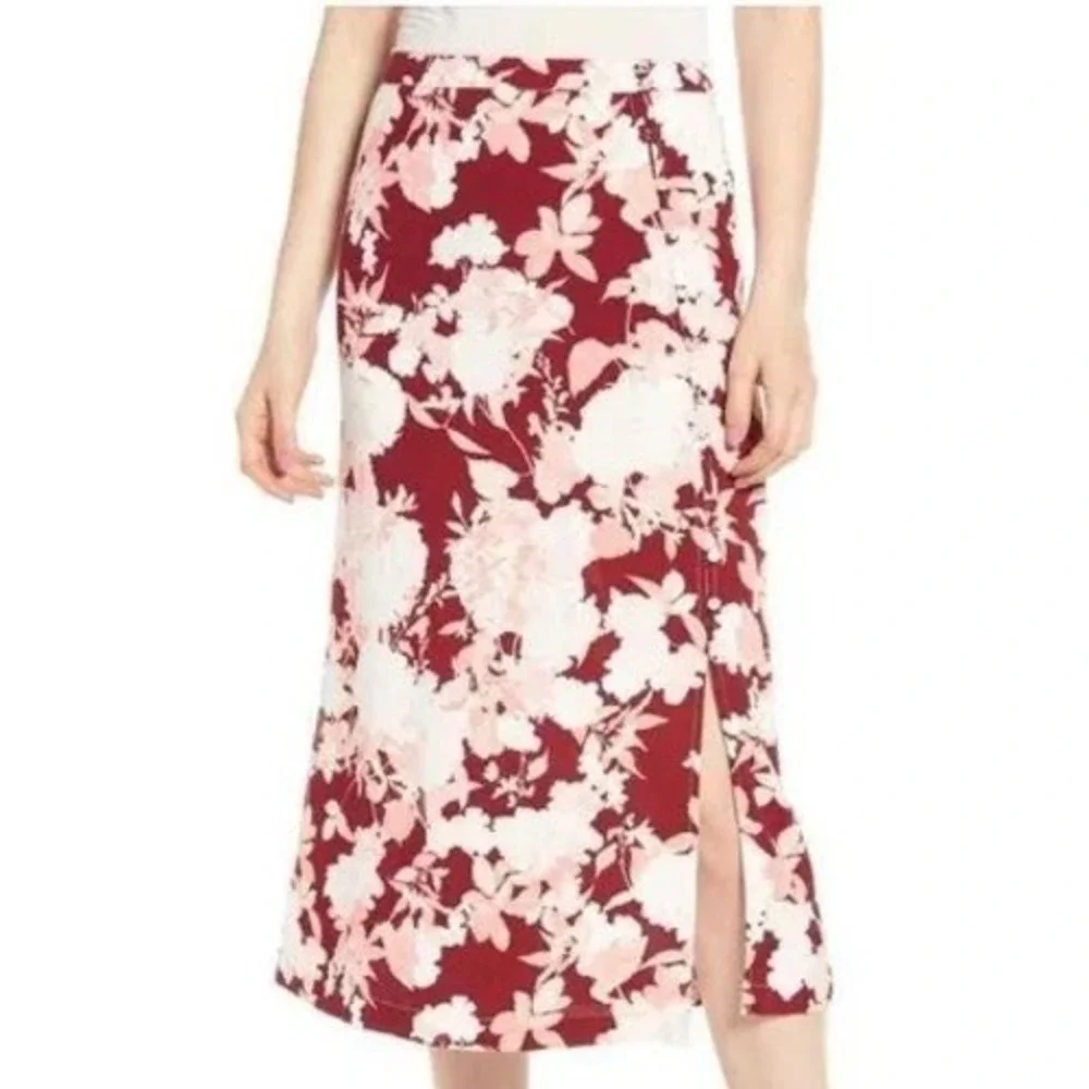 Chelsea28 Floral Midi Skirt Women Medium‎ Burgundy Excellent Button Front Slit
